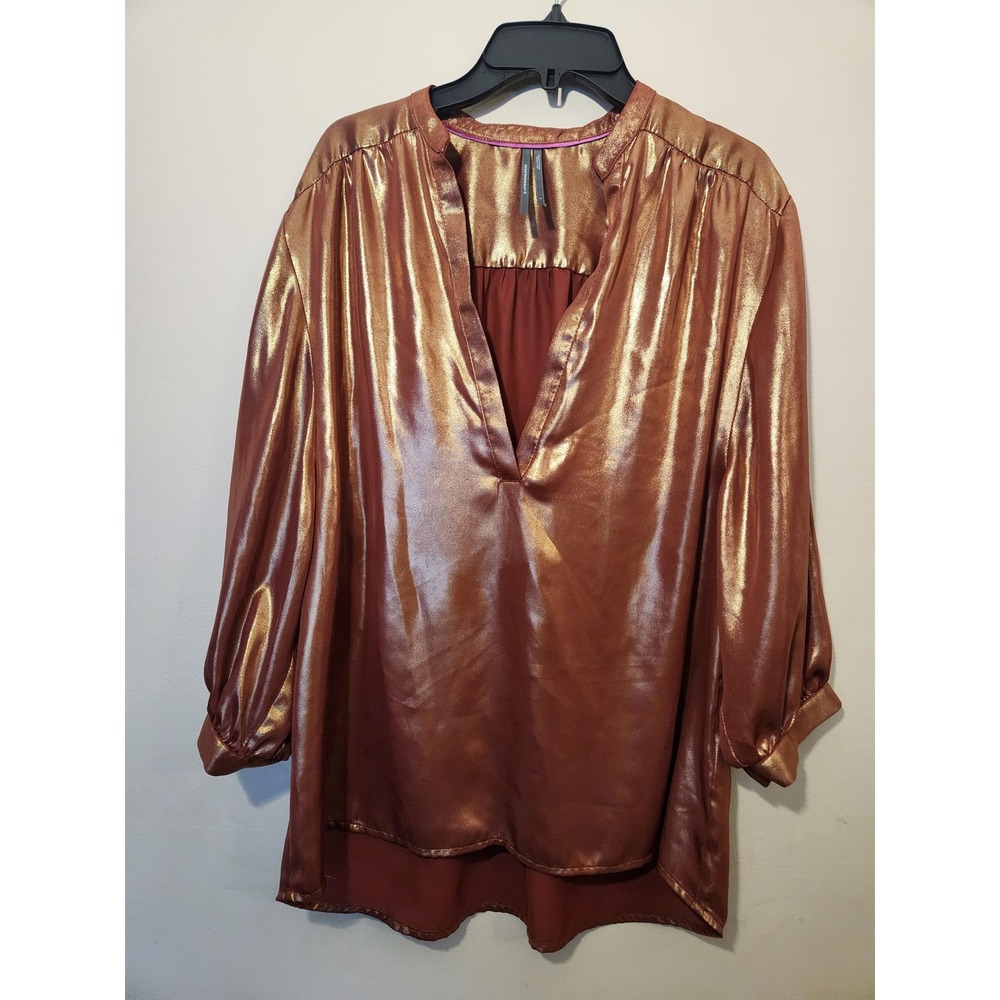 Anthropologie Metallic Copper V Neck Tunic Blouse Shiny Bronze 3/4‎ Sleeve Small